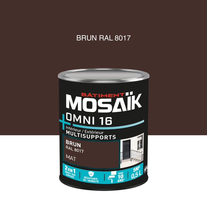 Peinture 2en1 int./ext. multisupport acrylique mat brun RAL8017 0,5 L OMNI16 - MOSAIK