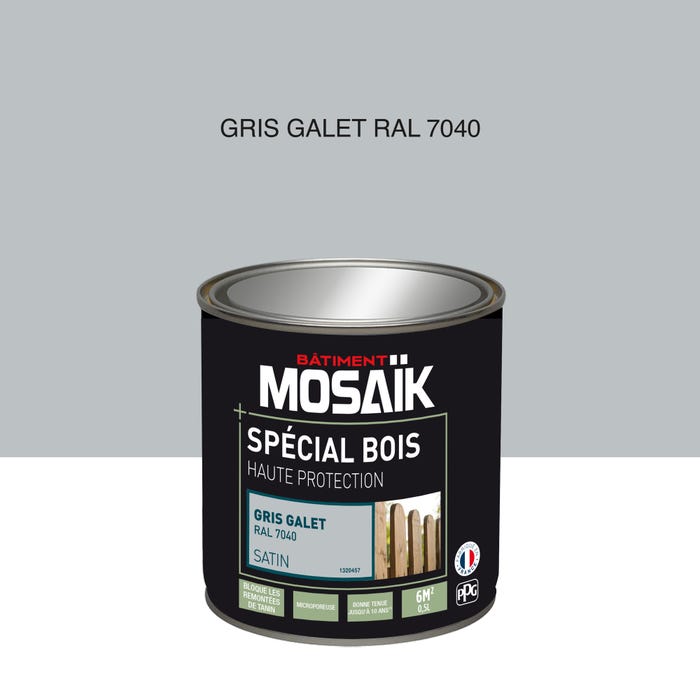Peinture bois acrylique satin gris galet RAL 7040 0,5 L - MOSAÏK