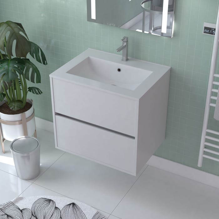 Caisson de salle de bain suspendu 2 tiroirs l.60 x h.54 x p.45,5 cm décor blanc laqué ATOS