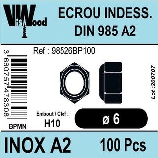 Écrous frein DIN985 inox A2 Diam.6 mm 100 pièces - VISWOOD