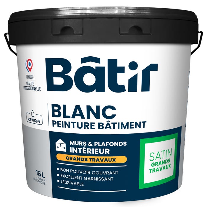 Peinture intérieure murs et plafonds acrylique satin blanc 15 L - BATIR