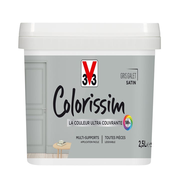 Peinture intérieure multi-supports acrylique satin gris galet 2,5 L - V33 COLORISSIM