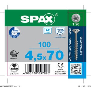 Vis inox A2 epreinte Torx 4,5 x 70 mm 100 pièces - SPAX