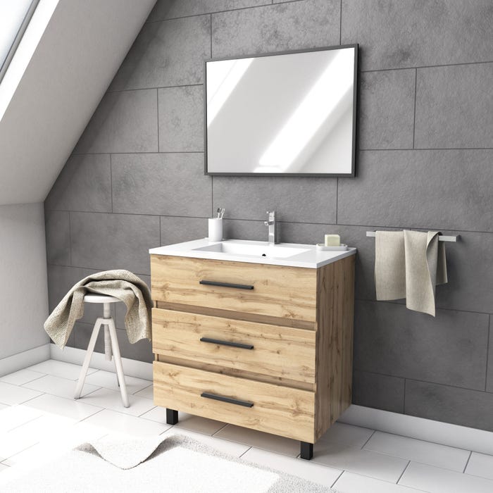 Ensemble meuble de salle de bain sur pieds 3 tiroirs aspect chêne l.80 x P.45 x H.81 cm + simple vasque blanche + miroir - TETRA
