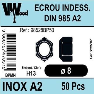 Écrous frein DIN985 inox A2 Diam.8 mm 50 pièces - VISWOOD