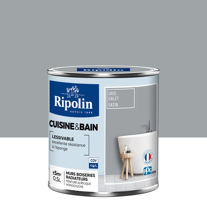 Peinture intérieure multi-supports acrylique satin gris galet 0,5 L Cuisine & bain - RIPOLIN