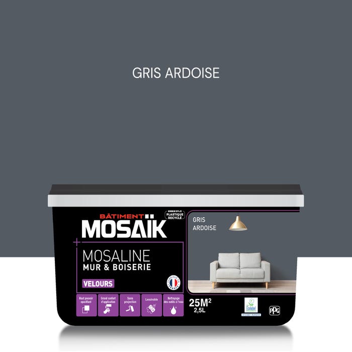 Peinture intérieure multi support acrylique velours gris ardois 2,5 L Mosaline - MOSAIK