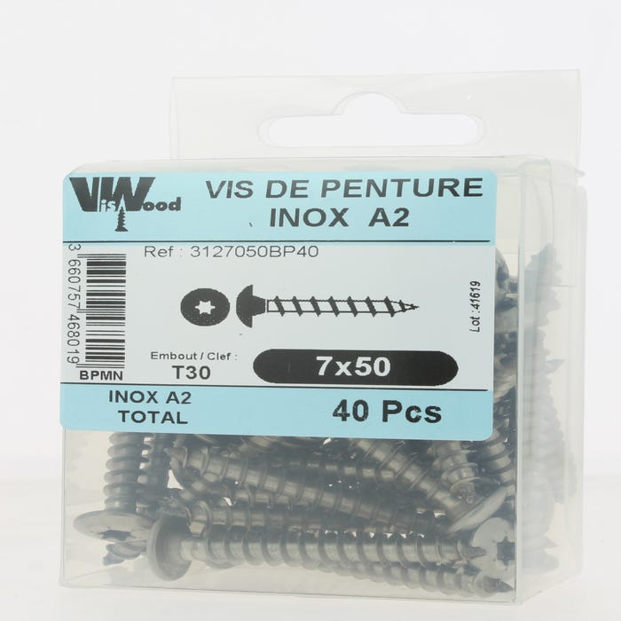 Vis à penture inox A2 empreinte Torx 7 x 50 mm 40 pièces - VISWOOD