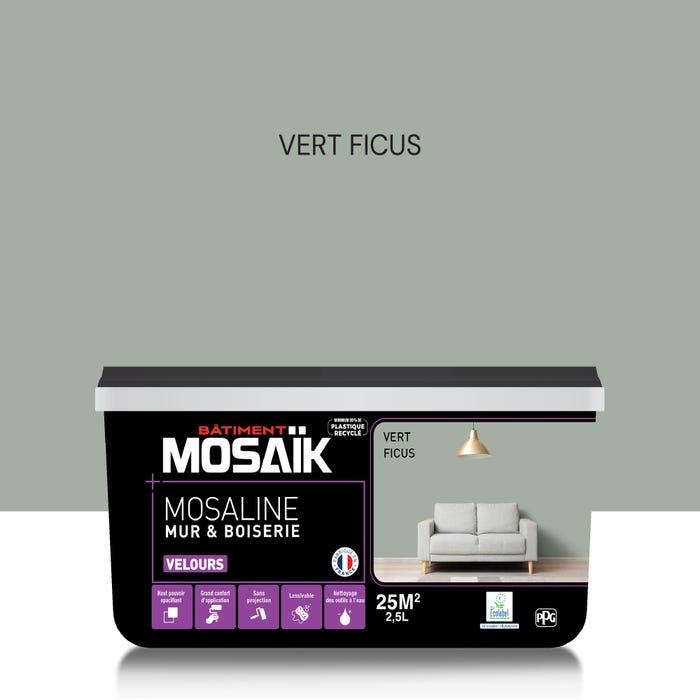 Peinture intérieure multi support acrylique velours vert ficus 2,5 L Mosaline - MOSAIK