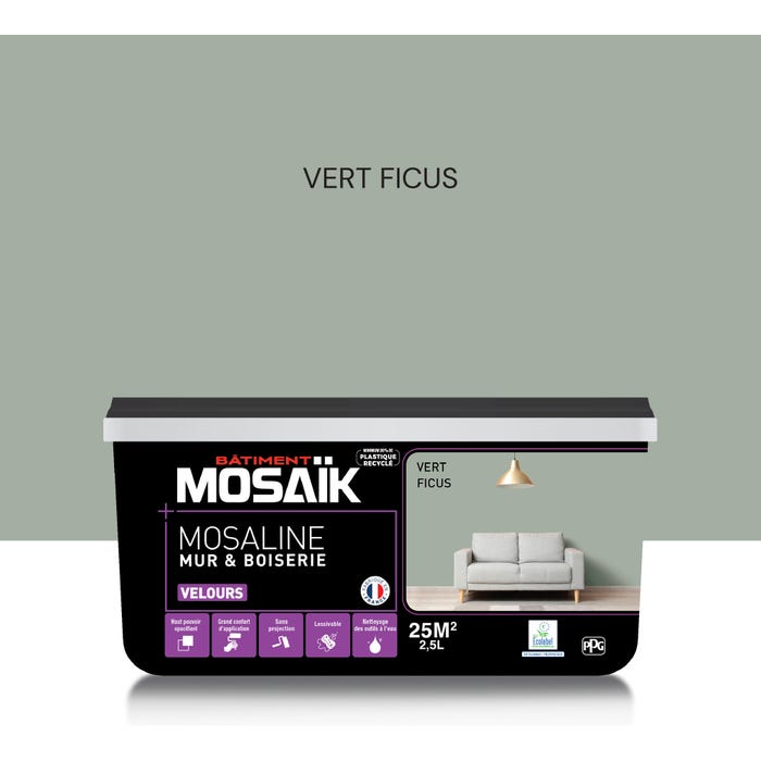 Peinture intérieure multi support acrylique velours vert ficus 2,5 L Mosaline - MOSAIK