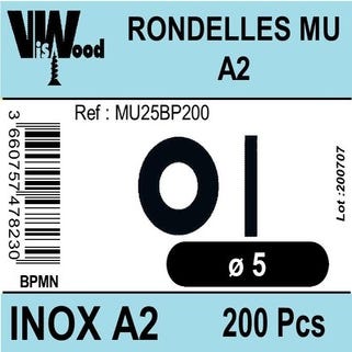 Lot de 200 rondelles moyennes inox A2 D.5 mm - VISWOOD