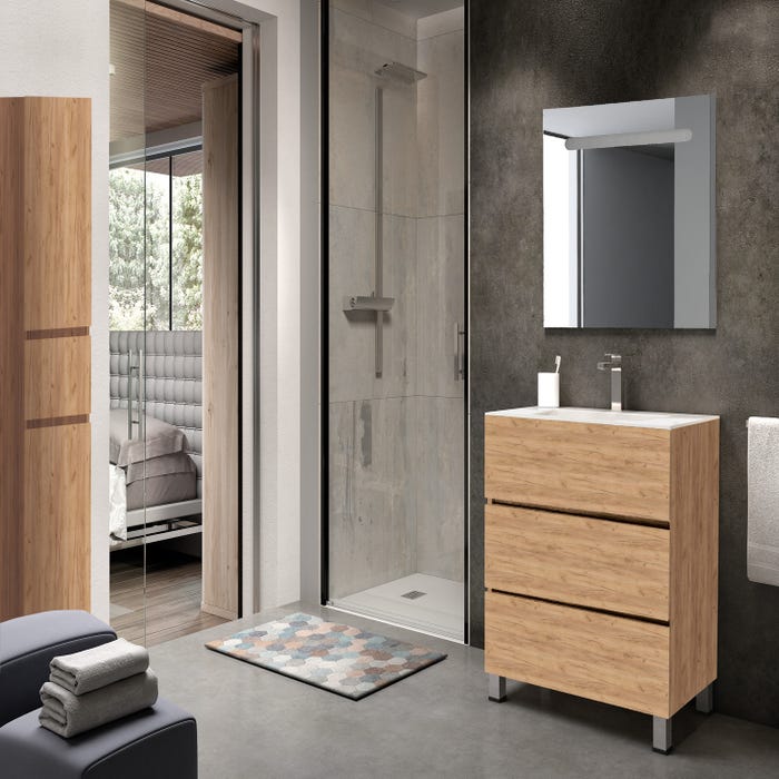 Ensemble meuble de salle de bain sur pieds 3 tiroirs aspect chêne gold l.80 x P.45 x H.80 cm + simple vasque blanche + miroir - BOREAL