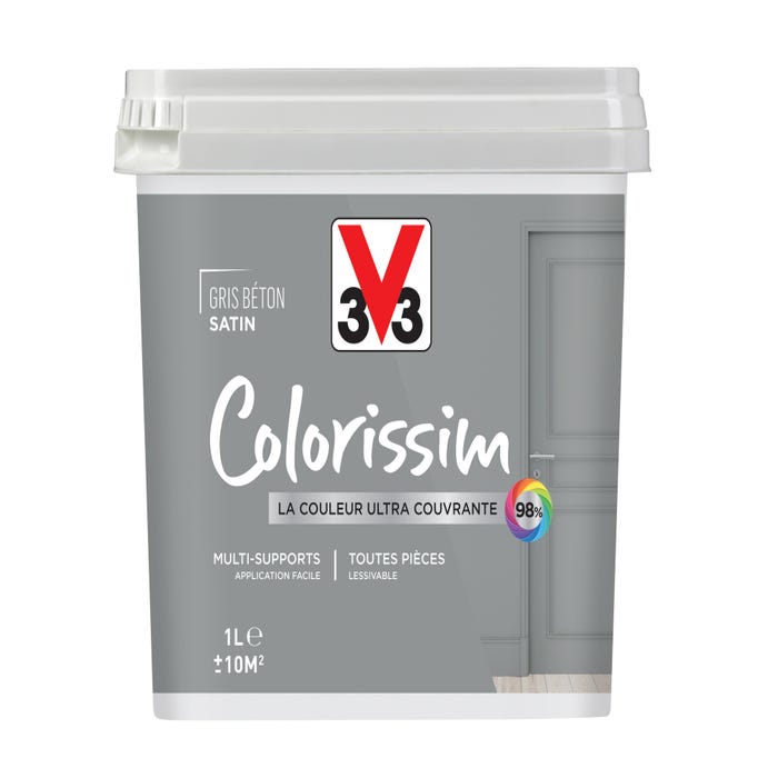 Peinture intérieure multi-supports acrylique satin gris béton 1 L - V33 COLORISSIM