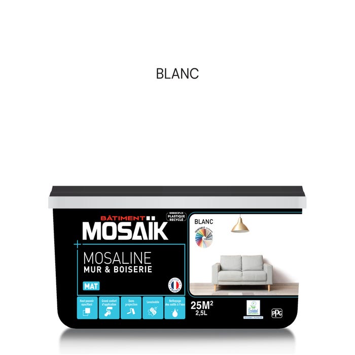 Peinture intérieure multi support acrylique mat blanc 2,5 L Mosaline - MOSAIK