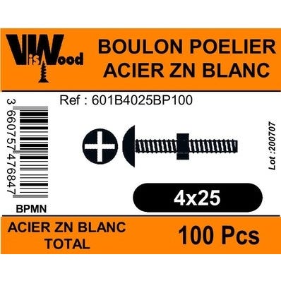 Boulon poêlier zingué 4 x 25 mm 100 pièces - VISWOOD