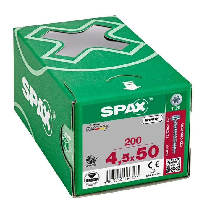 Vis bois agglo tête ronde wirox empreinte Torx filetage total 4,5 x 50 mm 200 pièces - SPAX