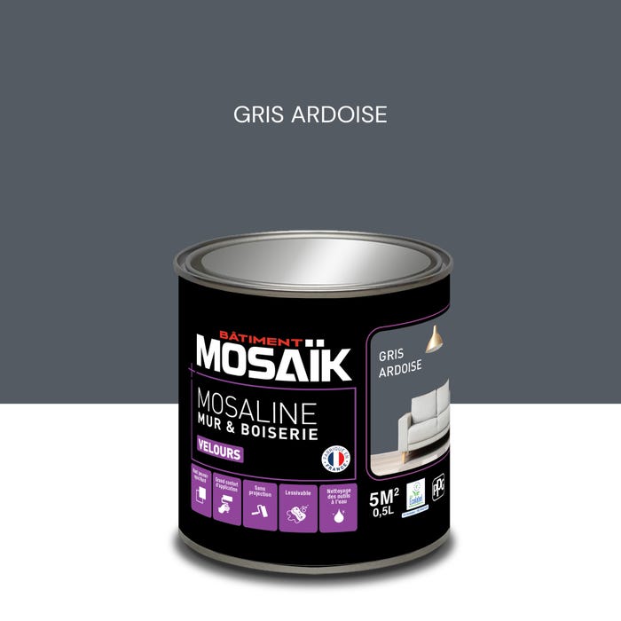 Peinture intérieure multi support acrylique velours gris ardois 0,5 L Mosaline - MOSAIK