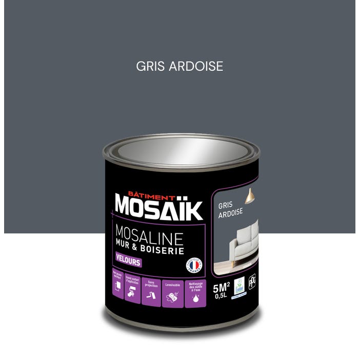 Peinture intérieure multi support acrylique velours gris ardois 0,5 L Mosaline - MOSAIK
