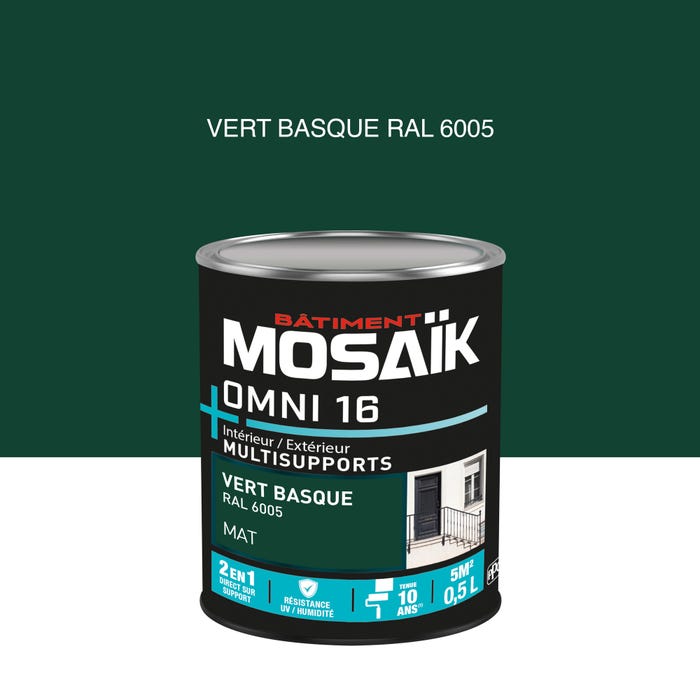 Peinture 2en1 int./ext. multisupport acrylique mat vert basque RAL6005 0,5 L OMNI16 - MOSAIK