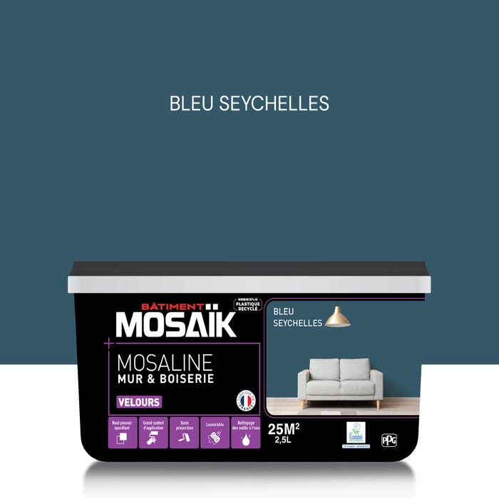 Peinture intérieure multi support acrylique velours bleu seychelles 2,5 L Mosaline - MOSAIK
