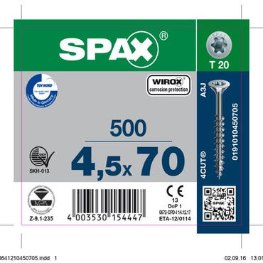 Vis bois agglo empreinte Torx 4,5 x 70 mm 500 pièces - SPAX