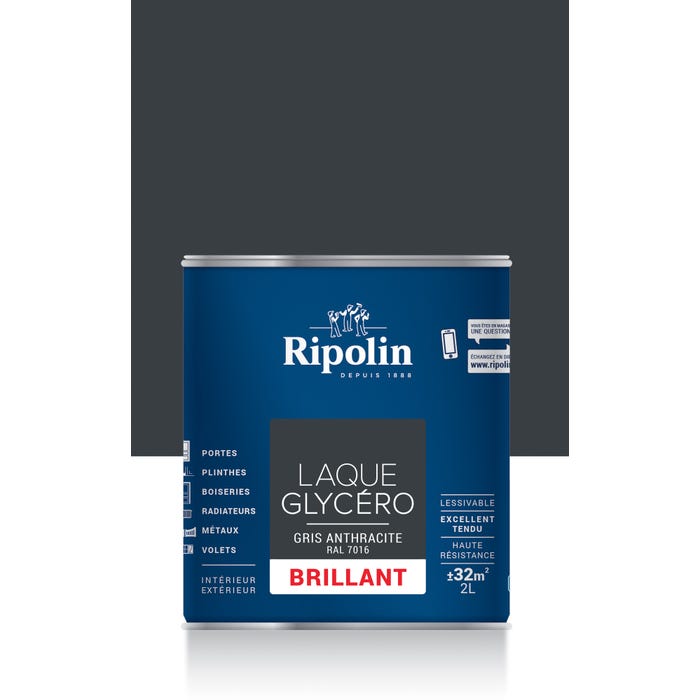 Peinture intérieure et extérieure multi-supports glycéro brillant gris anthracite 2 L - RIPOLIN