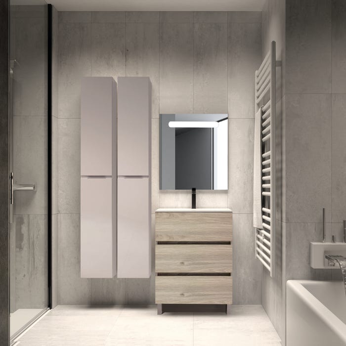 Ensemble meuble de salle de bain sur pieds 3 tiroirs aspect chêne grisé l.80 x P.45 x H.80 cm + simple vasque blanche + miroir - BOREAL