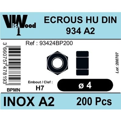 Écrous hexagonaux DIN934 inox A2 M4 200 pièces - VISWOOD
