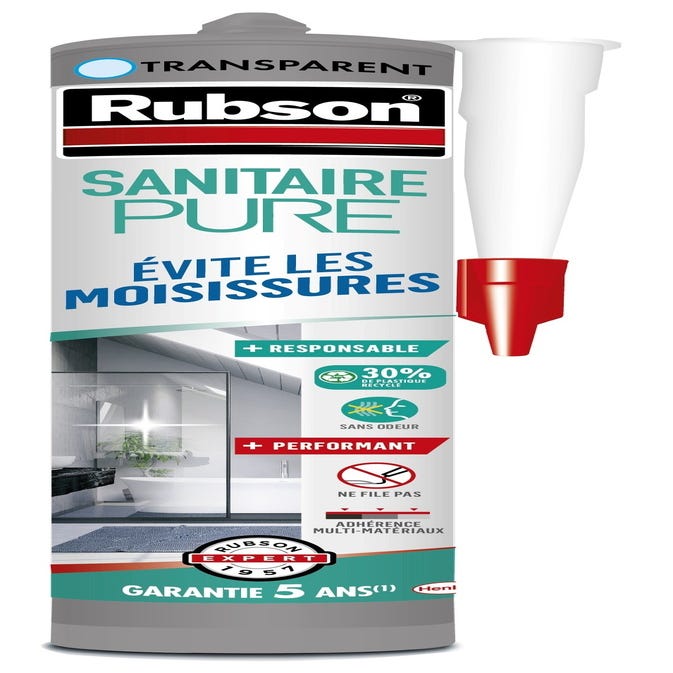 Mastic silicone sanitaire anti-fongique transparent 280 ml Pure - RUBSON