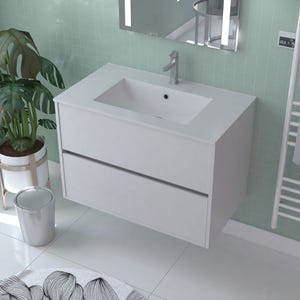 Caisson de salle de bain suspendu 2 tiroirs l.80 x h.54 x p.45,5 cm décor blanc laqué ATOS