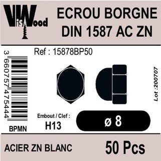 Écrous borgne DIN1587 acier zingué M8 50 pièces - VISWOOD