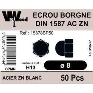 Écrous borgne DIN1587 acier zingué M8 50 pièces - VISWOOD