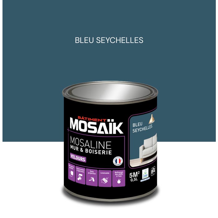 Peinture intérieure multi support acrylique velours bleu seychelles 0,5 L Mosaline - MOSAIK