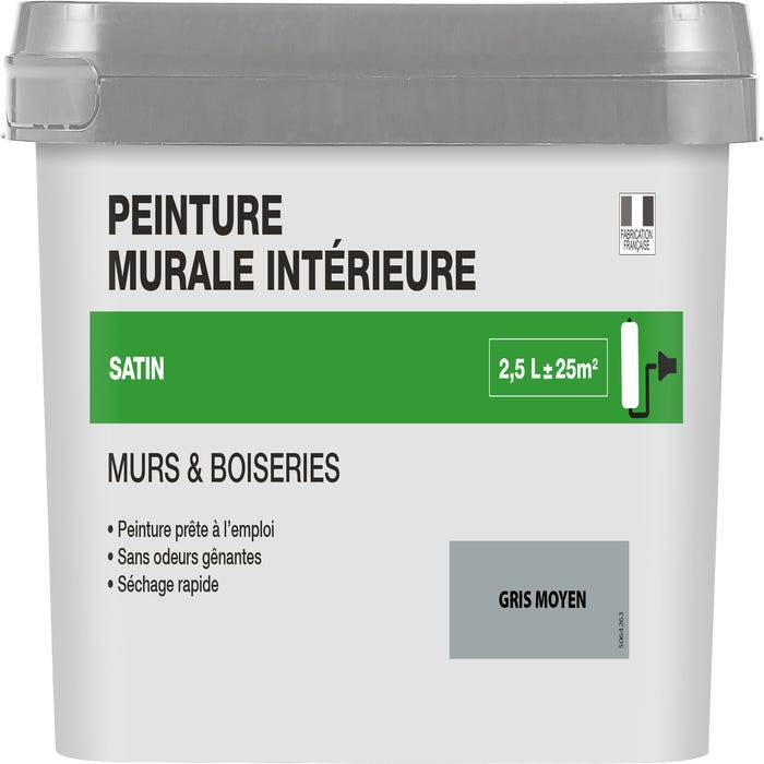 Peinture intérieure multi-support acrylique satin gris moyen 2,5 L