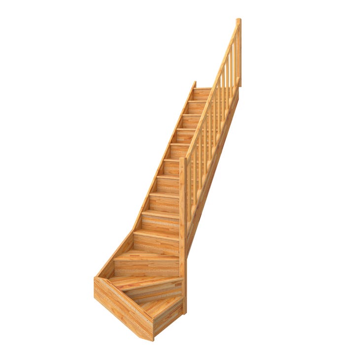 Escalier en hêtre quart tournant bas à droite avec contremarches et rampe à balustres à droite Larg.76 cm - GIMM