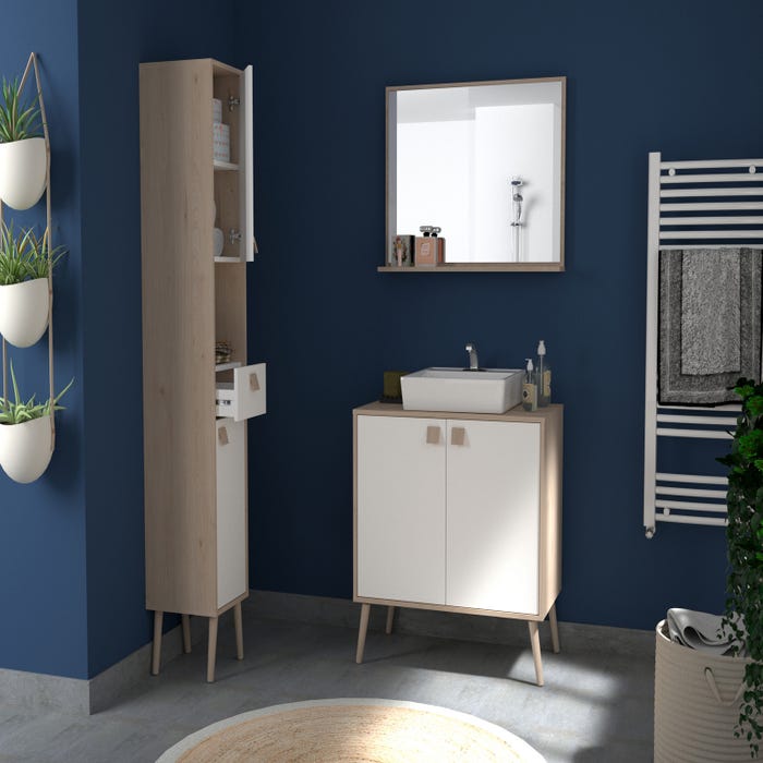 Ensemble meuble de salle de bain sur pieds 2 portes aspect chêne et blanc l.80 x P.46 x H.81,20 cm  + miroir - NIELSEN