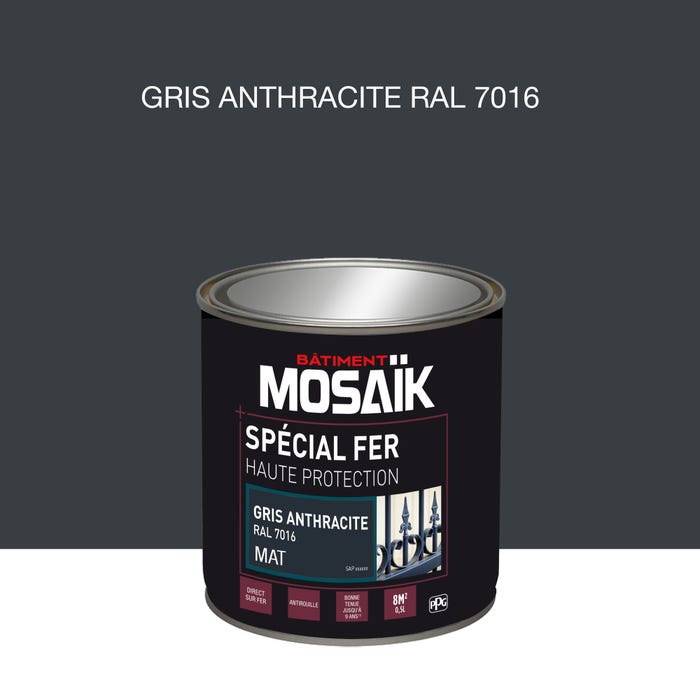Peinture fer glycéro anti-rouille mat gris anthracite RAL7016 0,5 L - MOSAÏK