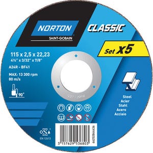 5 disques à tronçonner métal / acier / inox Diam.115 mm - NORTON 
