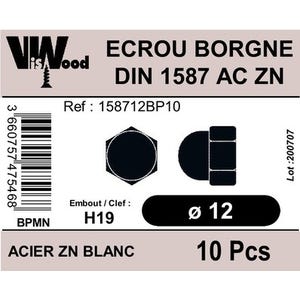 Écrous borgne DIN1587 acier zingué M12 10 pièces - VISWOOD