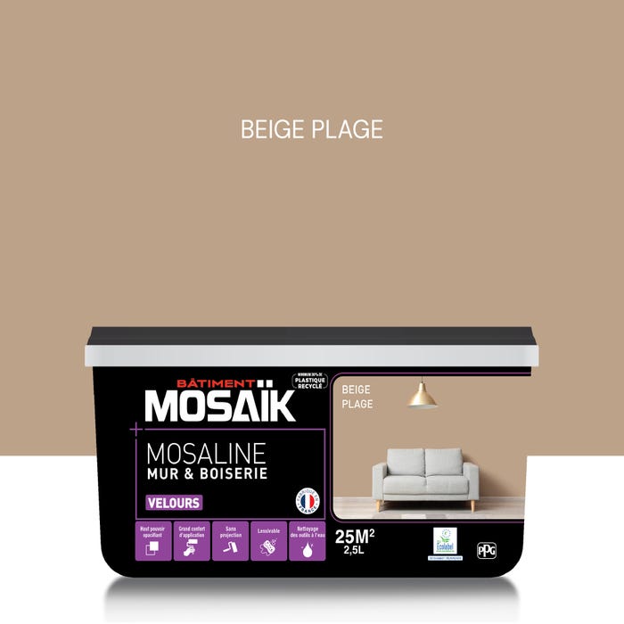 Peinture intérieure multi support acrylique velours beige plage 2,5 L Mosaline - MOSAIK