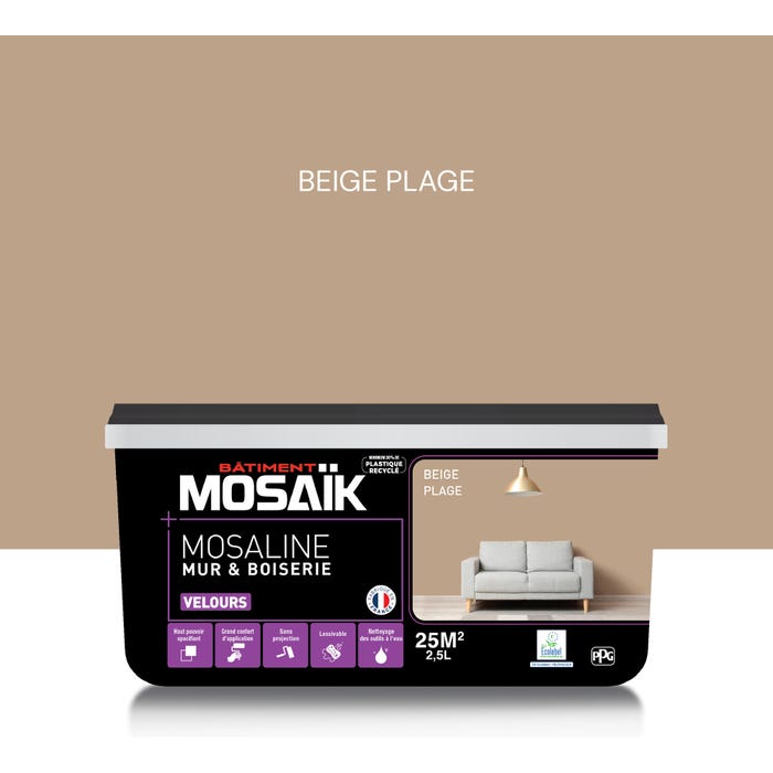 Peinture intérieure multi support acrylique velours beige plage 2,5 L Mosaline - MOSAIK