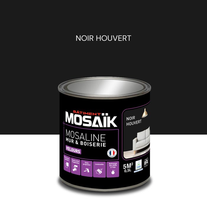 Peinture intérieure multi support acrylique velours noir houvert 0,5 L Mosaline - MOSAIK