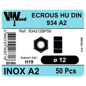 Écrous inox A2 Diam.12 mm 50 pièces - VISWOOD