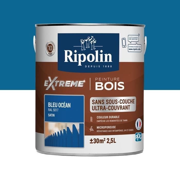 Ripolin Peinture Pour Pour Bois Interieur + Exterieur - Bleu Ocean Ral 5017 Satin, 2,5l