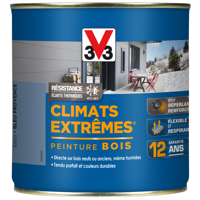 Peinture bois extérieur Climats extrêmes® V33, bleu provence satiné 0.5 l