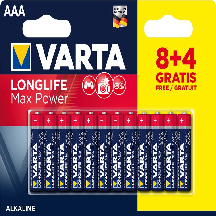 Lot de 12 Piles Alcalines Lr03 - Aaa Varta Longlife Max Power (8+4 Gratuites) En Blister