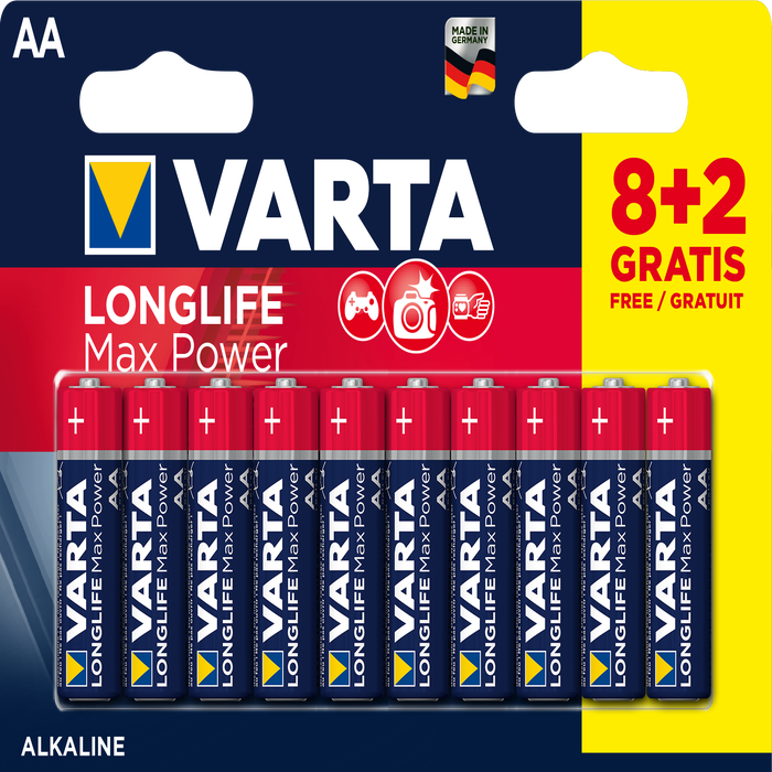 Lot de 12 Piles Alcalines Lr06 - Aa - 1,5v Varta Longlife Max Power (8+4 Gratuites) En Blister