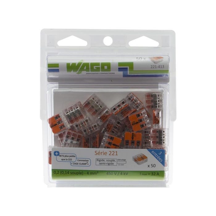 WAGO Pack de 50 Bornes de connexion universelle tous conducteurs - Type 221/ 3 entrées