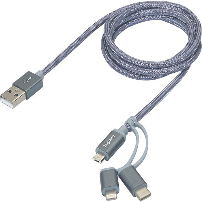 Câble 3 en 1 USB A avec connectiques USB C Lightning iOS et micro-USB Legrand - Longueur 1,2 M