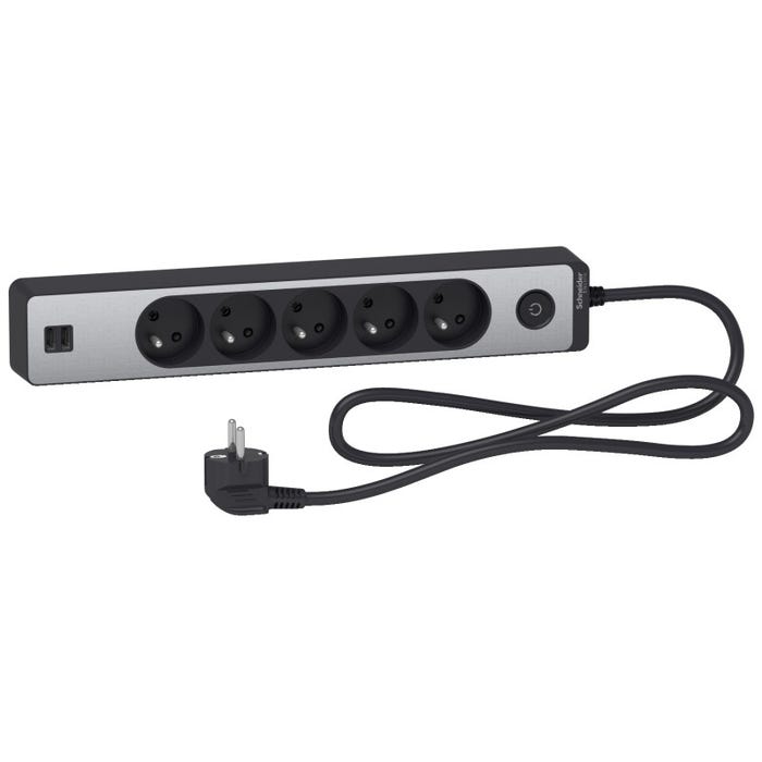 Bloc multiprises 5 Prises 2P+T et 2 USB (câble 1,5m) Noir et Aluminium - Schneider